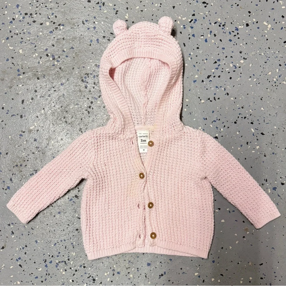 Baby Pink Knit Hooded Cardigan With Bear Ears